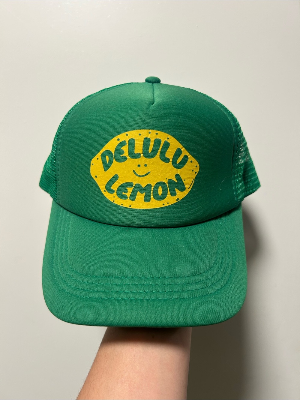 Delulu Lemon Green Foam Mesh Parody Trucker Hat